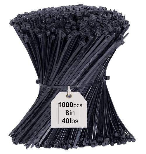 1000 Pack Black Zip Ties – 8 Inch UV Resistant Cable Ties