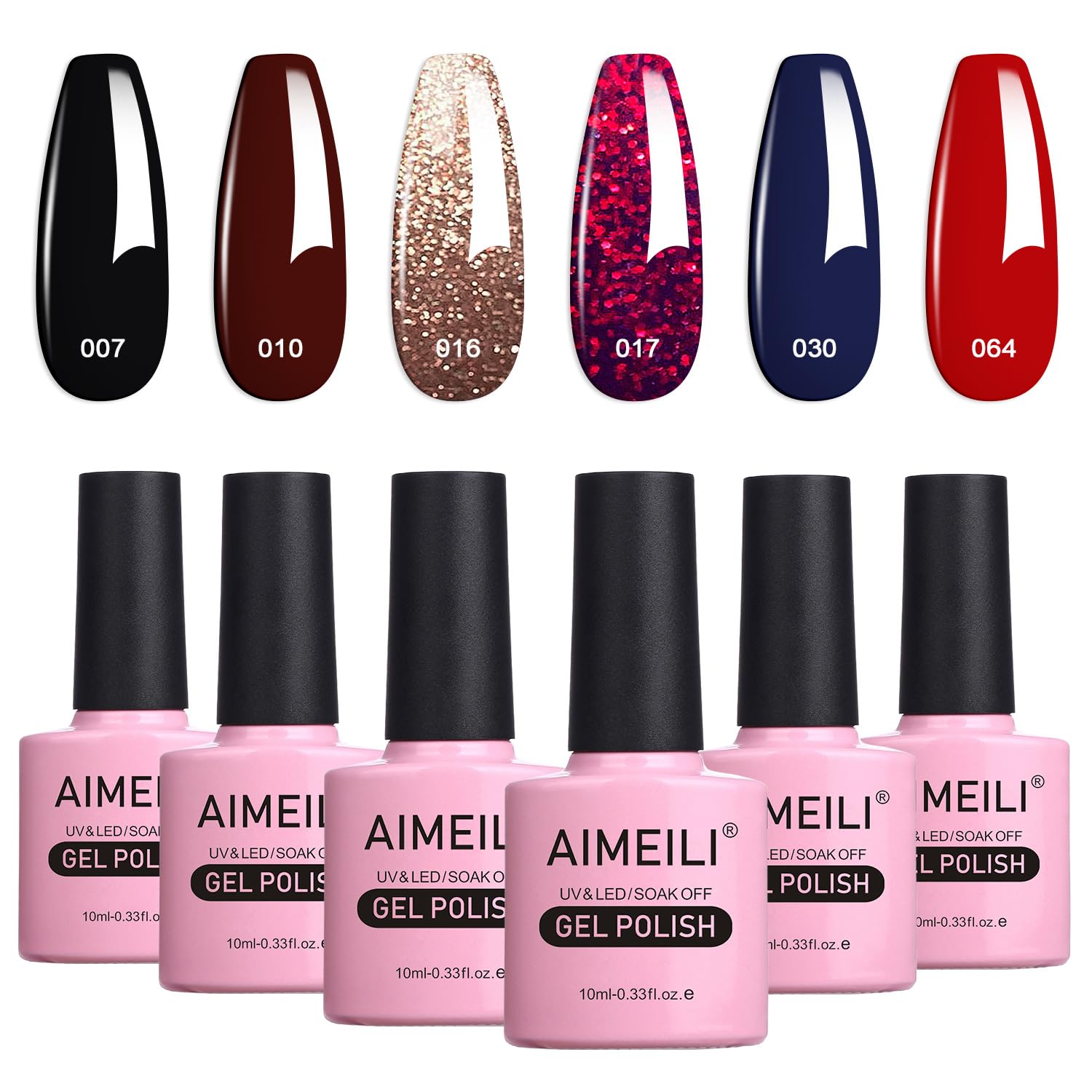 AIMEILI 6pcs Red Black Glitter Gel Nail Polish Set – Soak Off UV LED