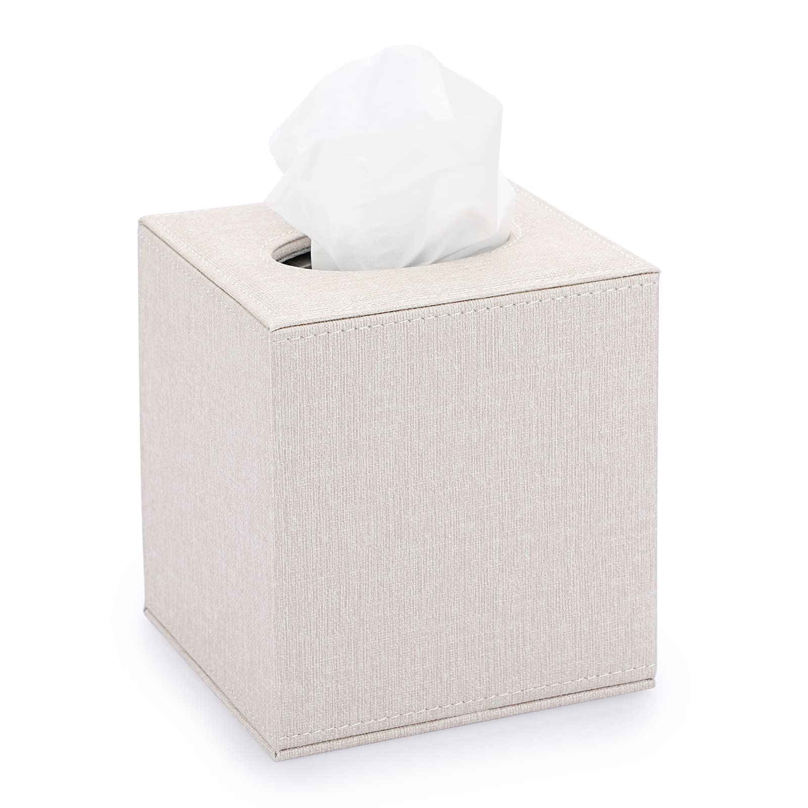 BTSKY Linen Square Tissue Box Cover – Beige Cube Napkin Holder Case