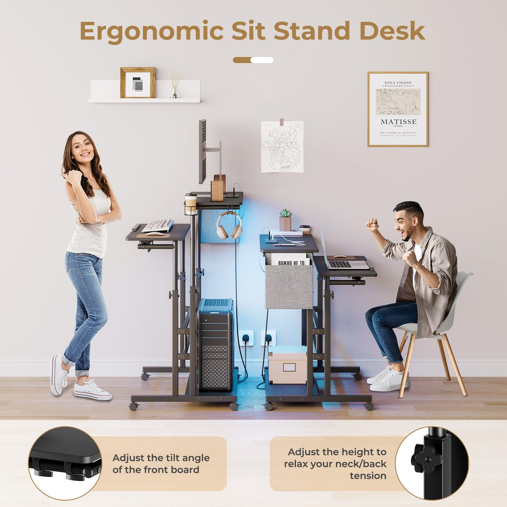 Dripex Mobile Standing Desk with LED Lights & Power Outlets | Rolling