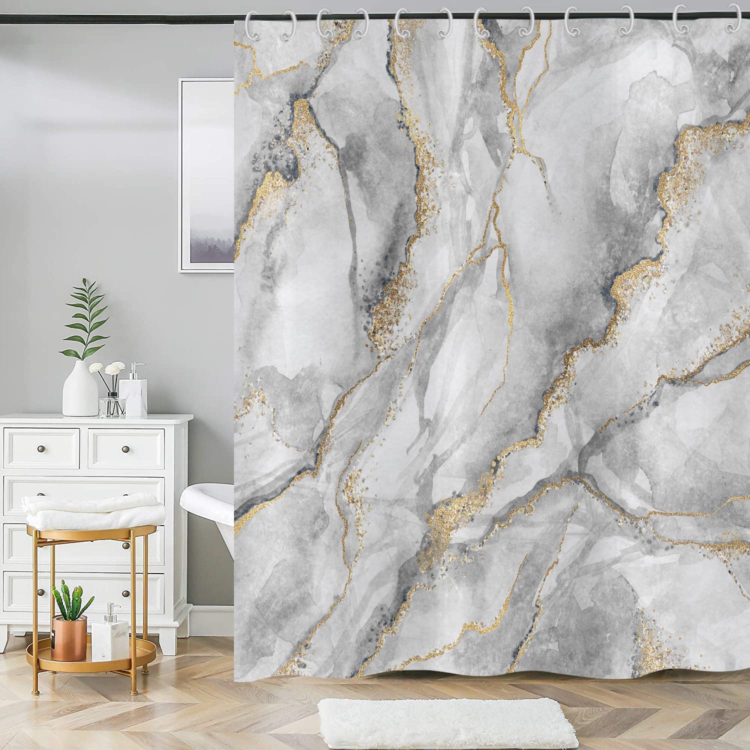 Marble Shower Curtain – Modern Grey & Gold Waterproof Polyester