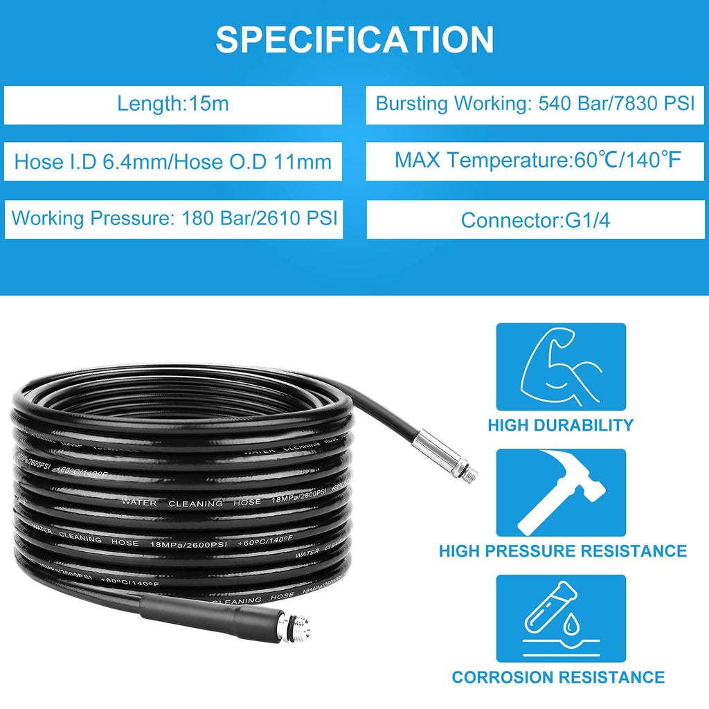 WADEO 15M Sewer Jetter Kit | High Pressure Drain Hose for Karcher & LAVOR
