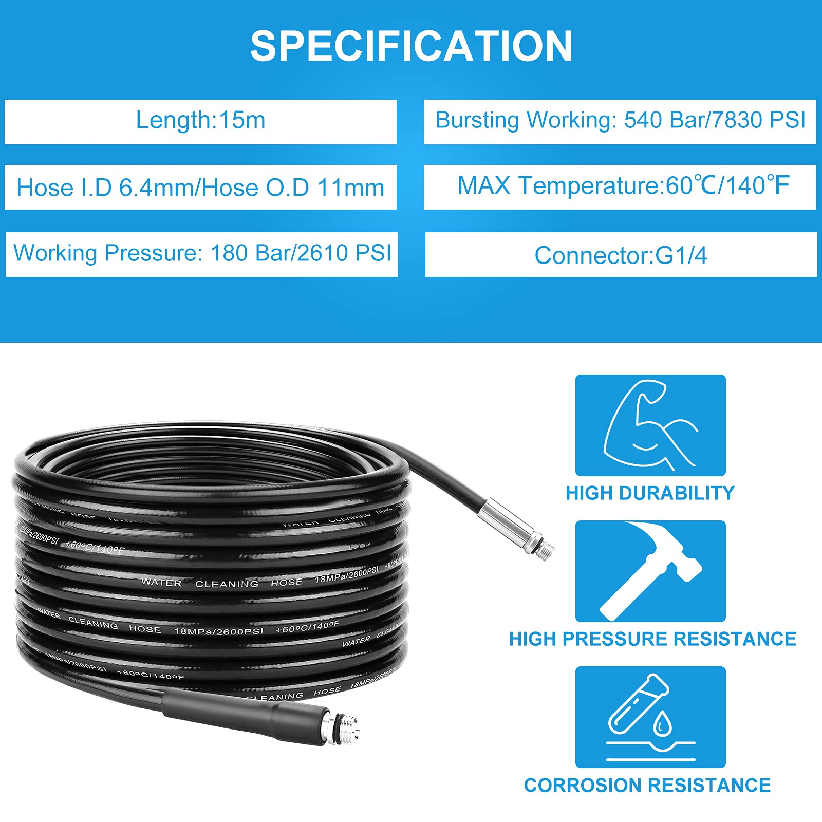 WADEO 15M Sewer Jetter Kit | High Pressure Drain Hose for Karcher & LAVOR