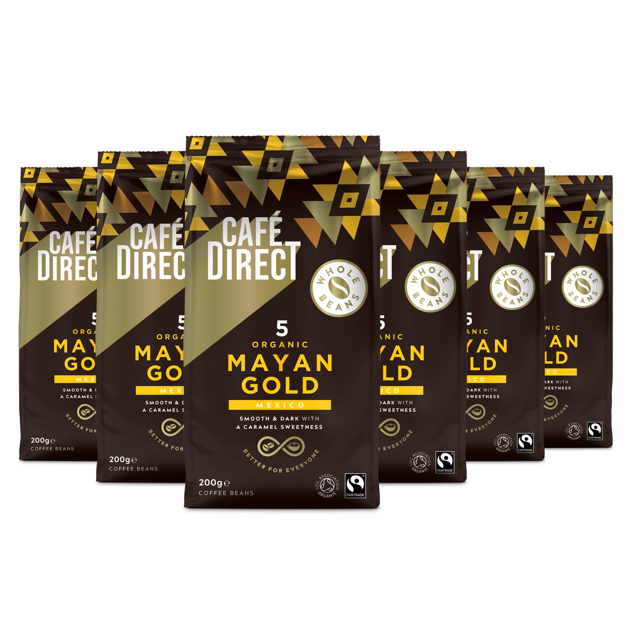 Cafedirect Mayan Gold Organic Whole Bean Coffee – Dark Roast, 6 x 200g