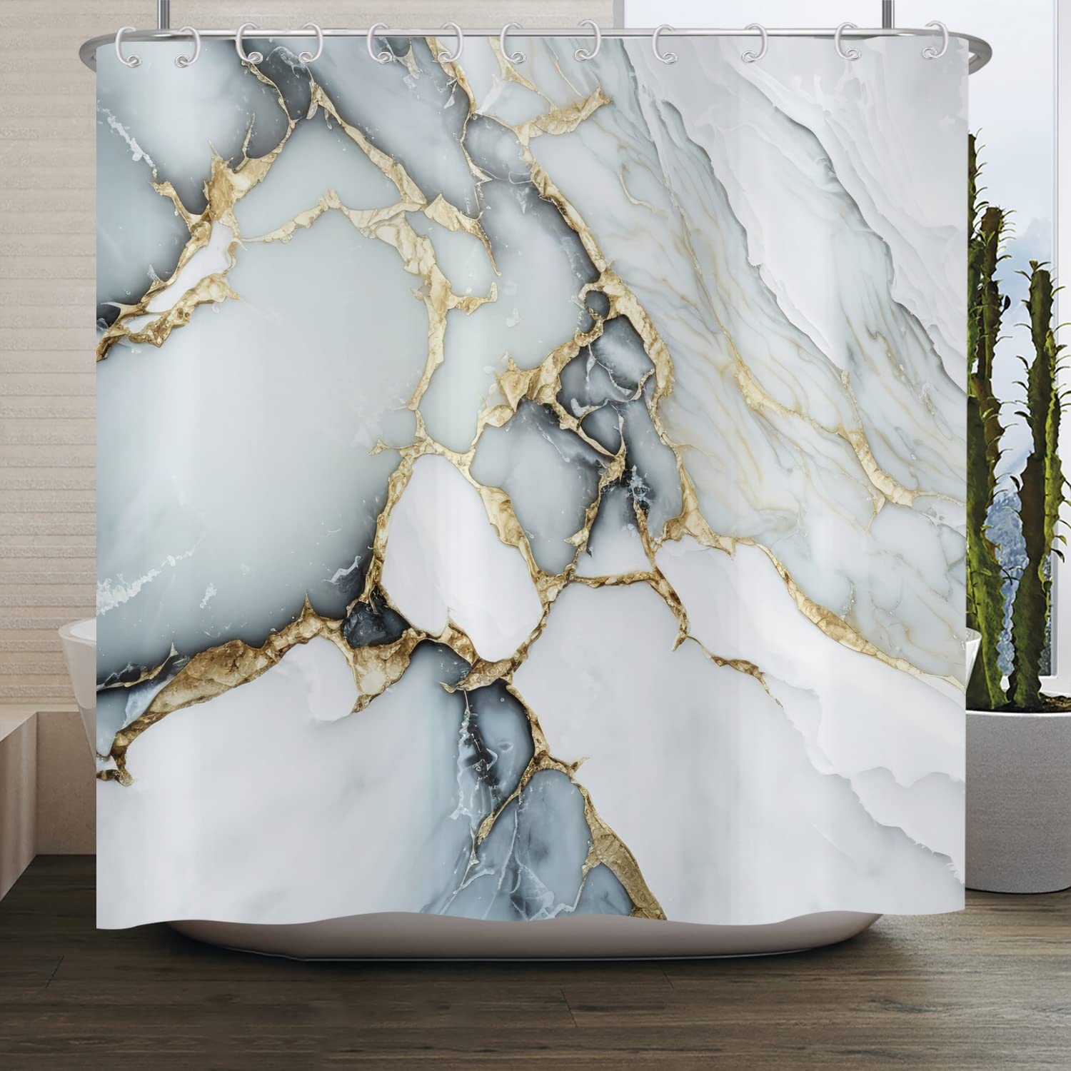 Marble Shower Curtain | White & Gold Abstract Polyester