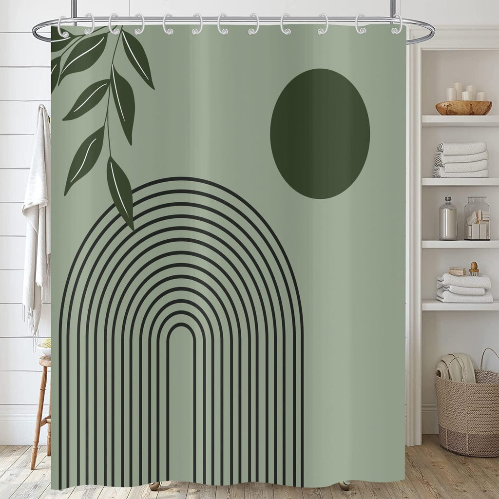 ASDCXZ Boho Shower Curtain 180x180 cm, Modern Abstract Art Green Leaves Sun Line Sage Green Bath Washable Shower Curtains Polyester Textile - image 4