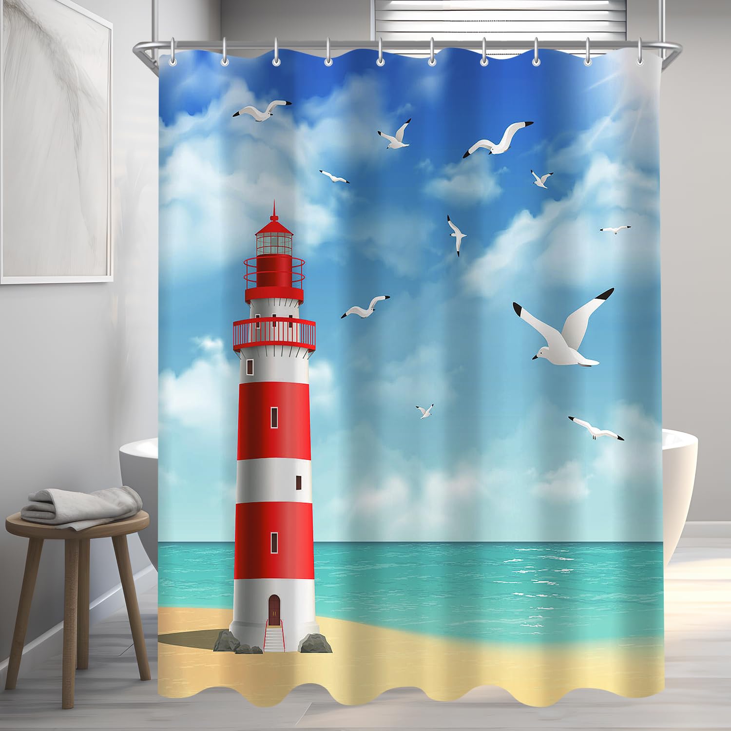 Lerores Lighthouse Shower Curtain | Anti-Mould Weighted Polyester, 180x200cm