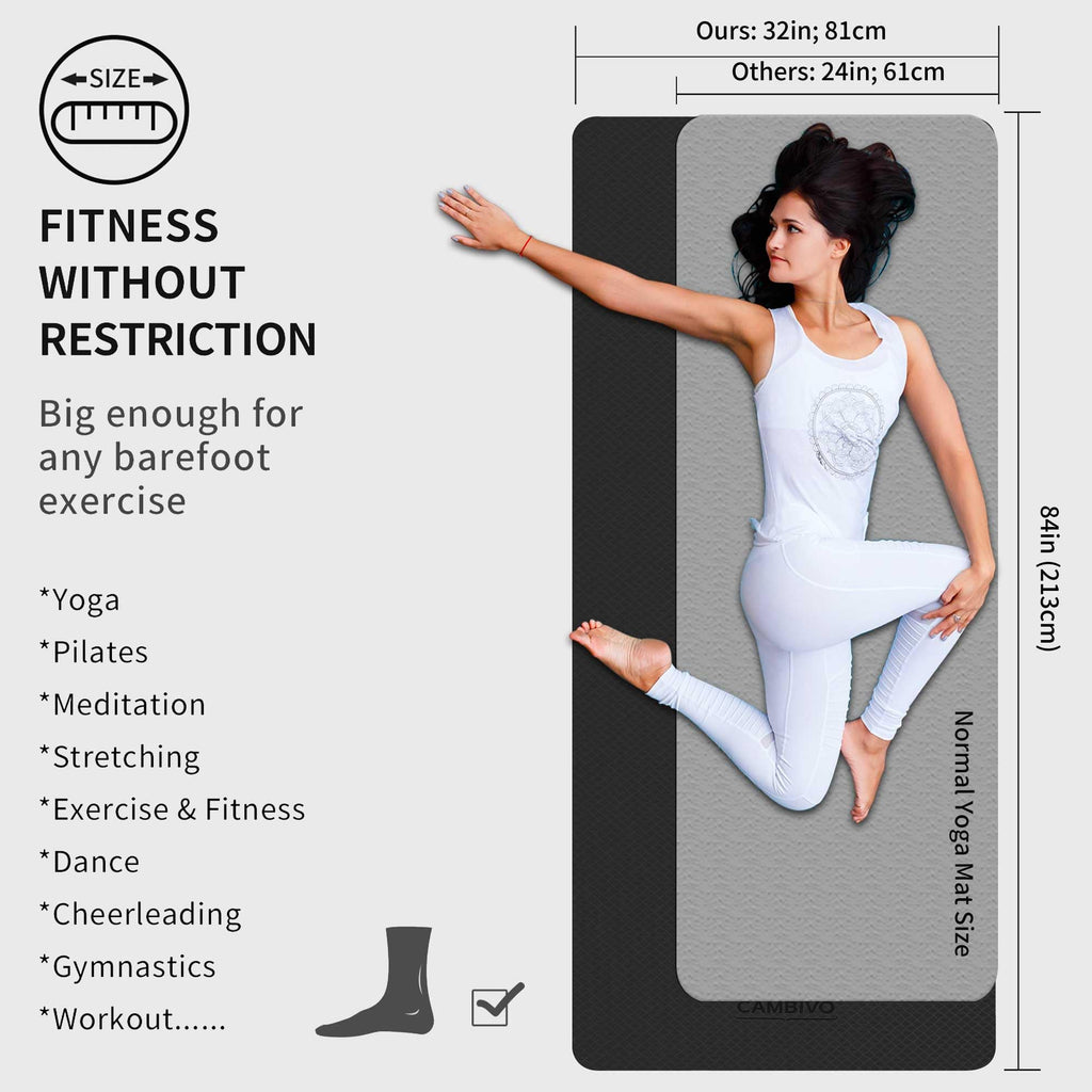 CAMBIVO Extra Long Wide Yoga Mat – 6mm Non Slip TPE Exercise Mat, Black