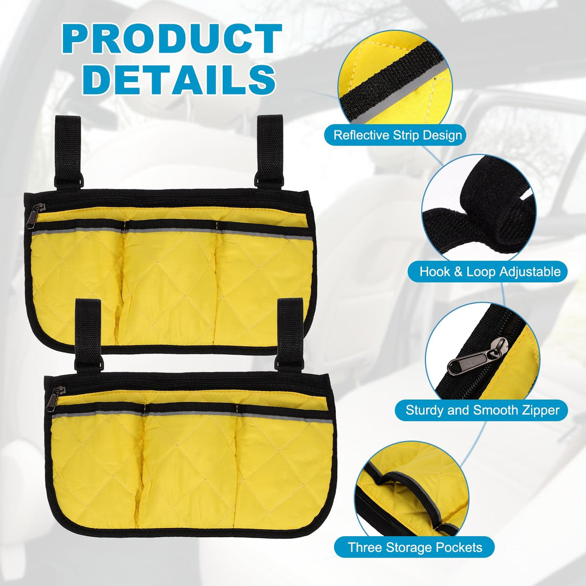 YELARXI Beach Chair Armrest Bag, Beach Side Bag Hanging Storage Organizer with Reflective 4 Pockets Waterproof Pouch 13 x 7" & 2Pcs & Yellow - image 3