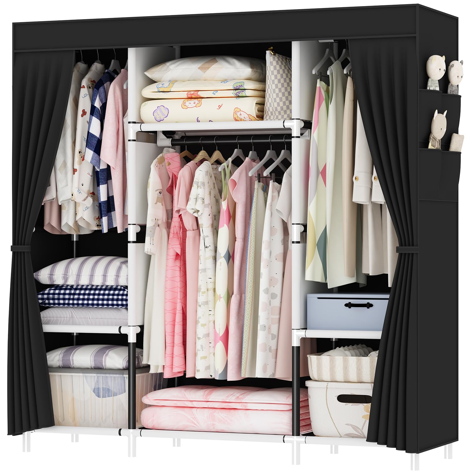 OPPAIYA Portable Canvas Wardrobe | 3 Hanging Rails & 8 Side Pockets - Black