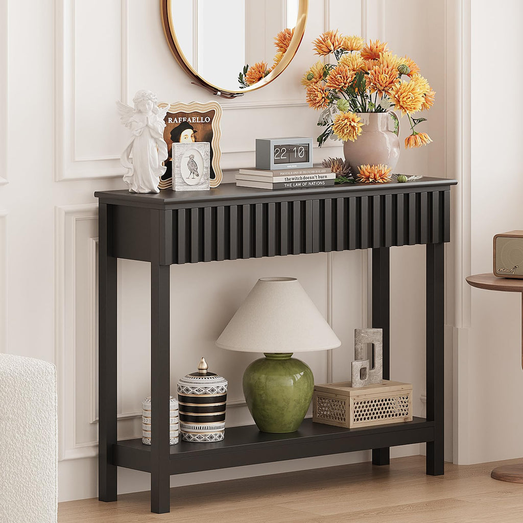 Trironsun Narrow Fluted Console Table with 2 Drawers and Open Shelf Modern Painted Wood Sofa Table for Hallway, Living Room or Behind Couch Black - image 2