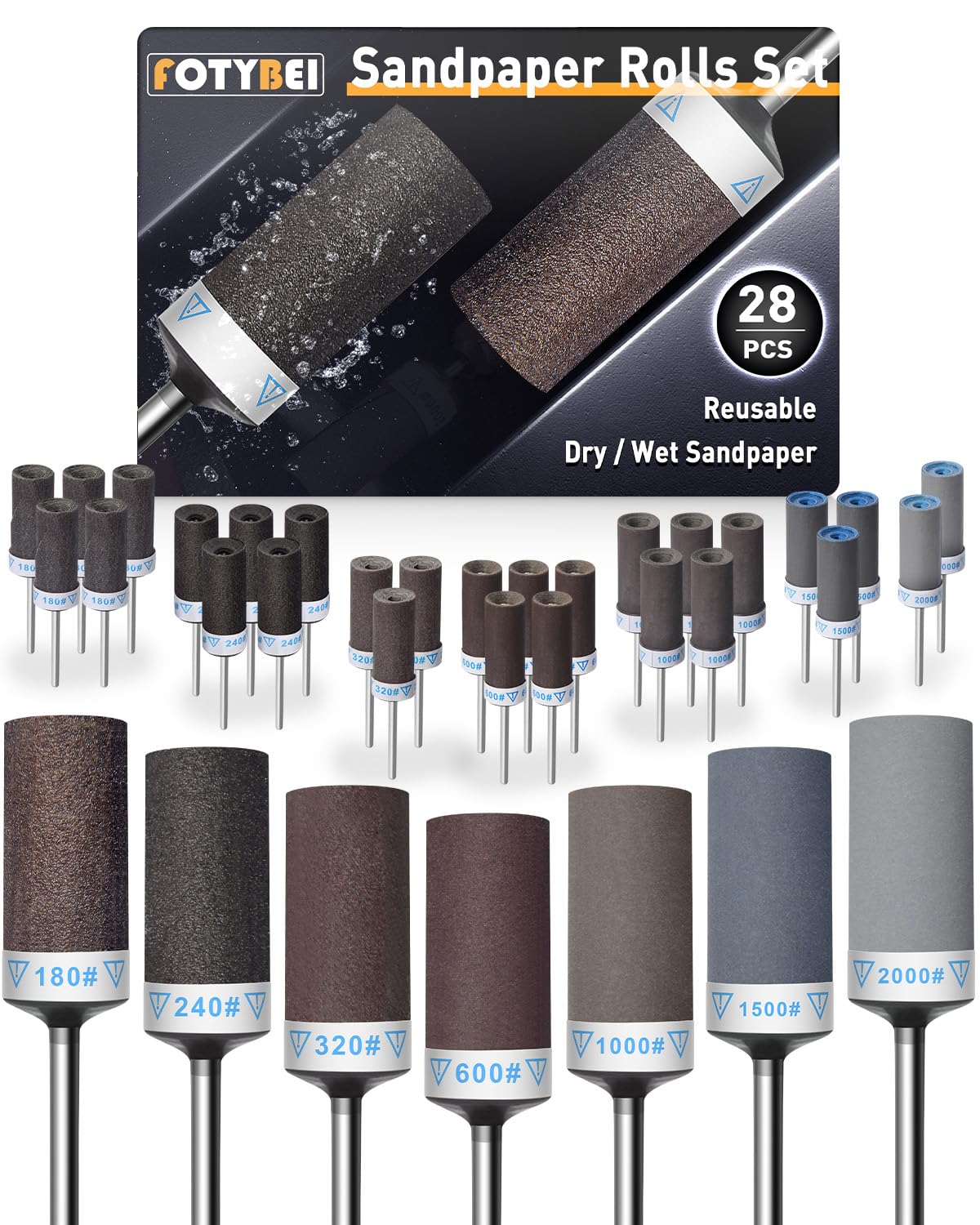 FOTYBEI 28Pcs Sanding Drums Set | 180-2000 Grit Rotary Tool Sanding Bits