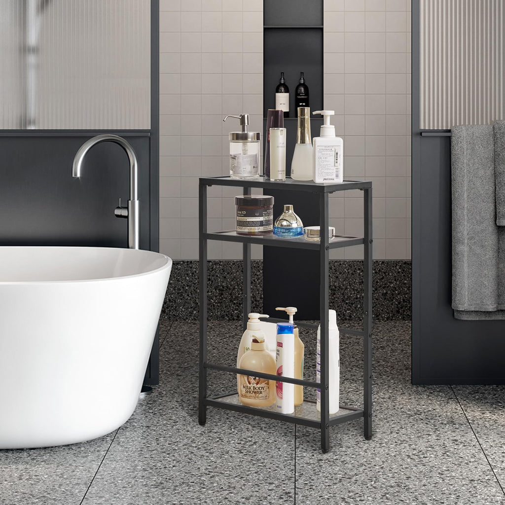IBUYKE Narrow Side Table | 3-Tier Slim End Table with Glass Top - Black