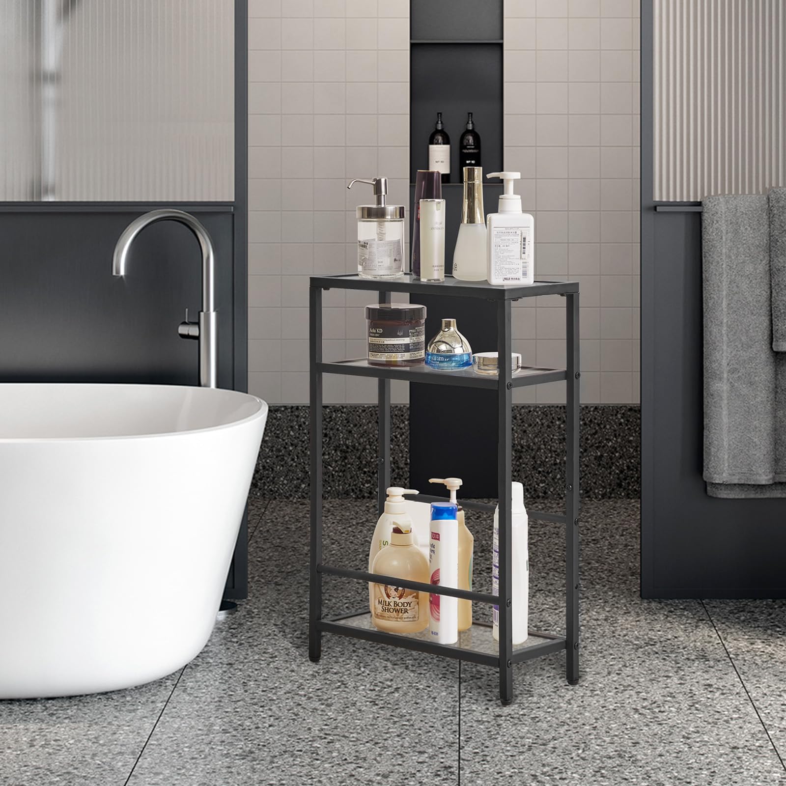 IBUYKE Narrow Side Table | 3-Tier Slim End Table with Glass Top - Black