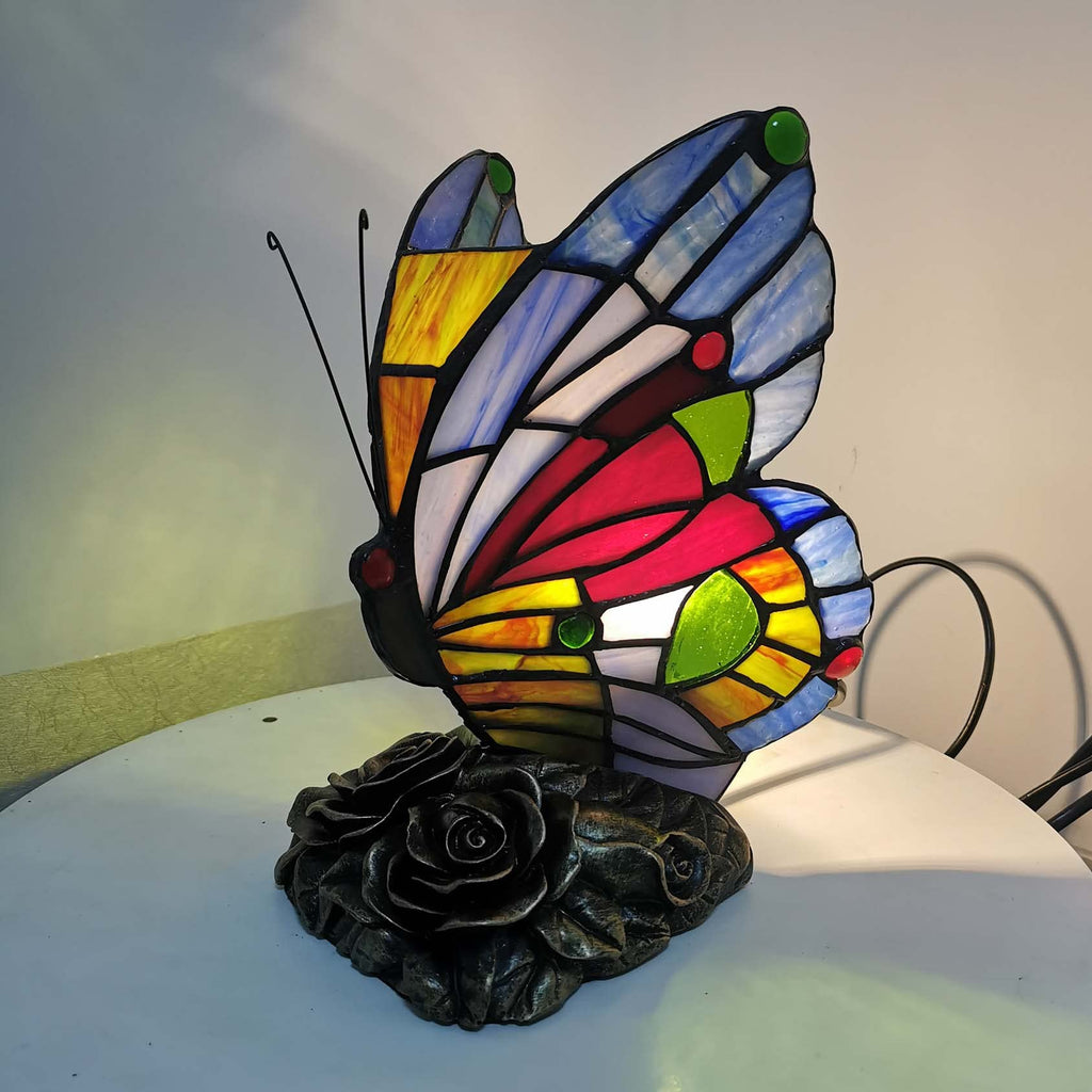 Bieye Butterfly Tiffany Style Stained Glass Table Lamp | Blue & Red