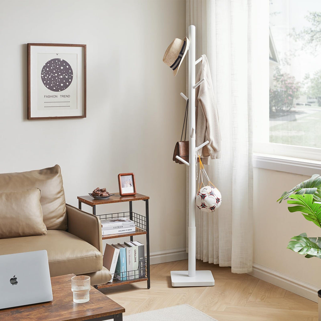 YMYNY Wooden Coat Rack Stand – 8 Hooks Height Adjustable Hall Tree