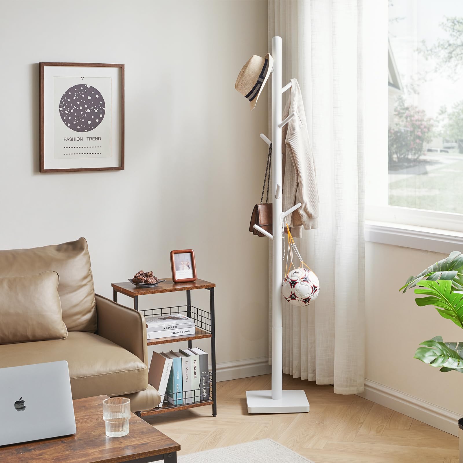 YMYNY Wooden Coat Rack Stand – 8 Hooks Height Adjustable Hall Tree