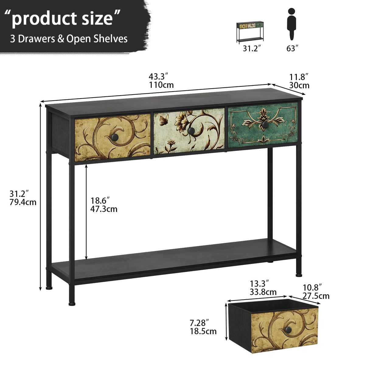 VEDECASA Console Table for Entryway with 3 Drawers Slim Hallway Table with Storage Shelf Narrow Long Sofa Table for Hallway Couch Living Room Kitchen - image 5