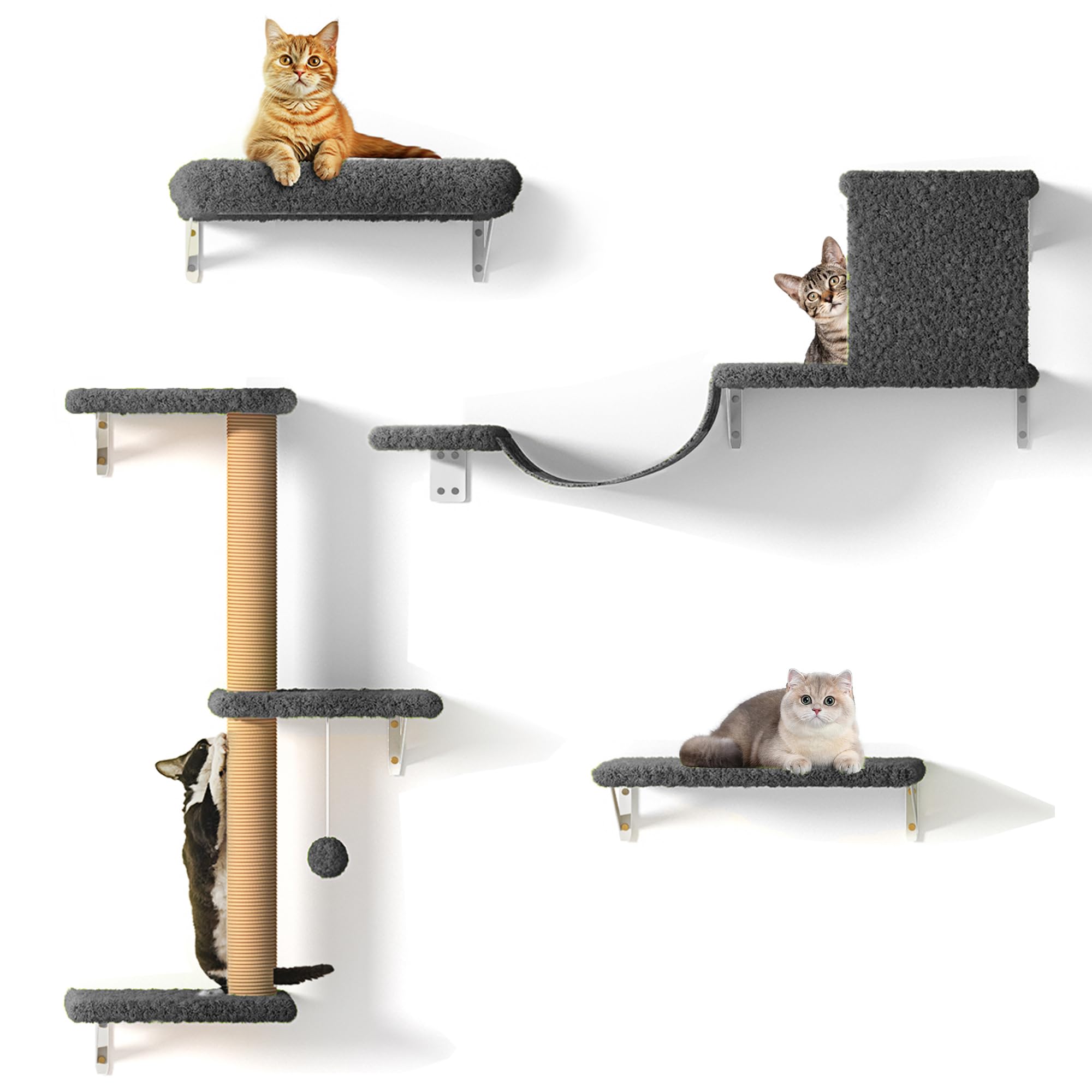 FUKUMARU 4-in-1 Cat Wall Shelves Set - Wooden Climbing Furniture, Gray