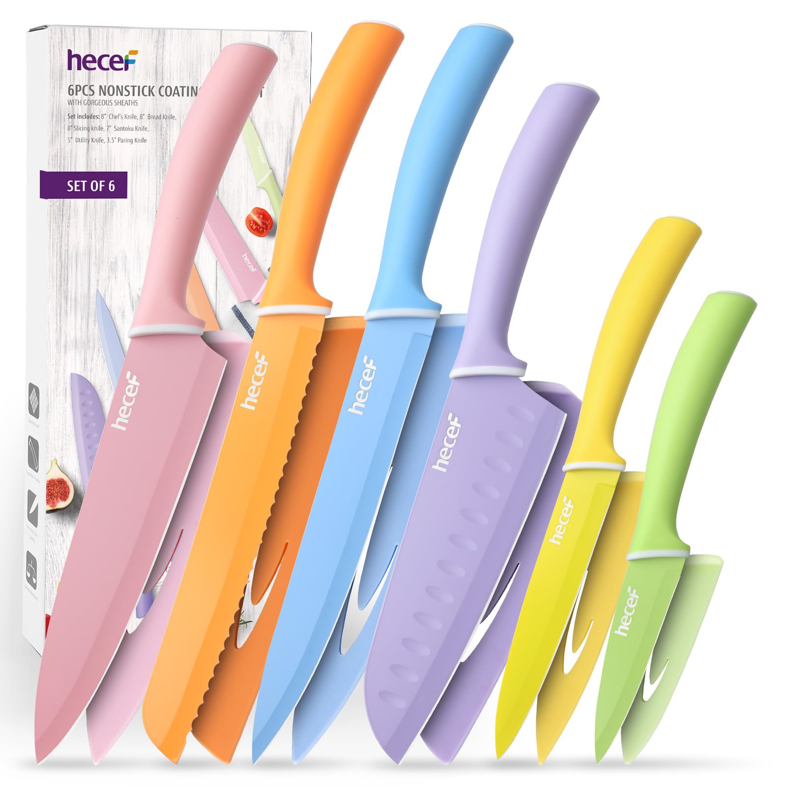 hecef 6-Piece Kitchen Knife Set – Colorful Non-Stick Stainless Steel