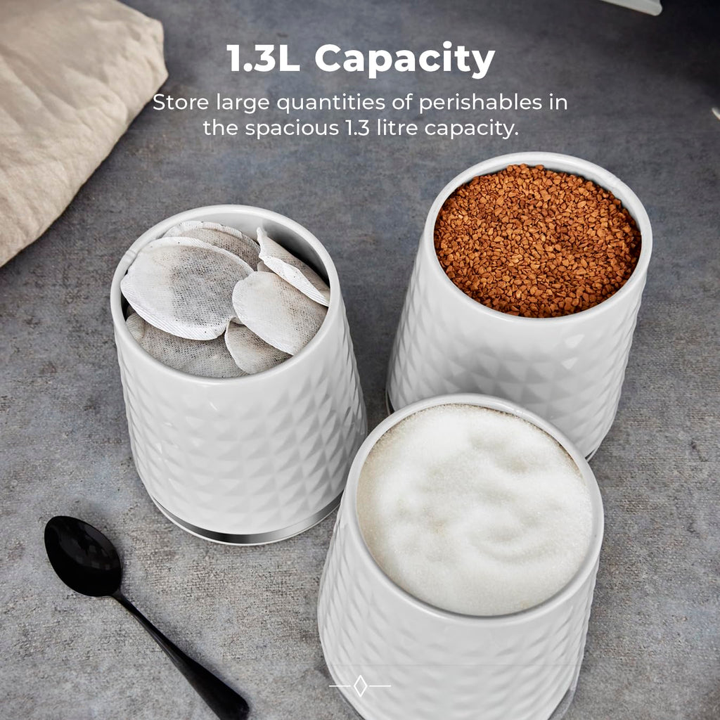 Tower Set of 3 Airtight Kitchen Canisters – 1.3L Stainless Steel, White