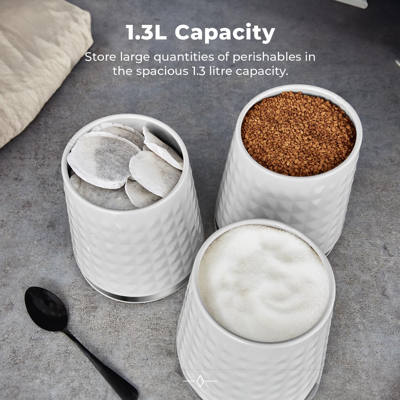 Tower Set of 3 Airtight Kitchen Canisters – 1.3L Stainless Steel, White
