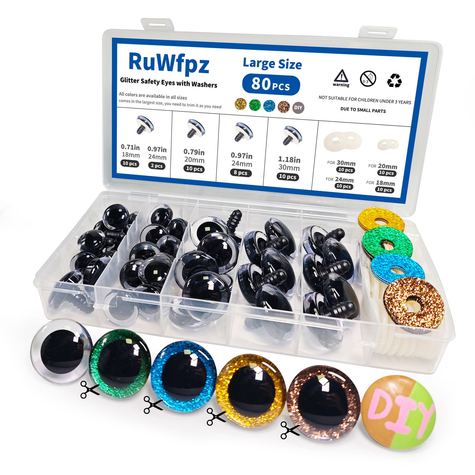 RuWfpz Glitter Safety Eyes for Amigurumi - 80Pcs 18-30mm Crochet Toy Eyes