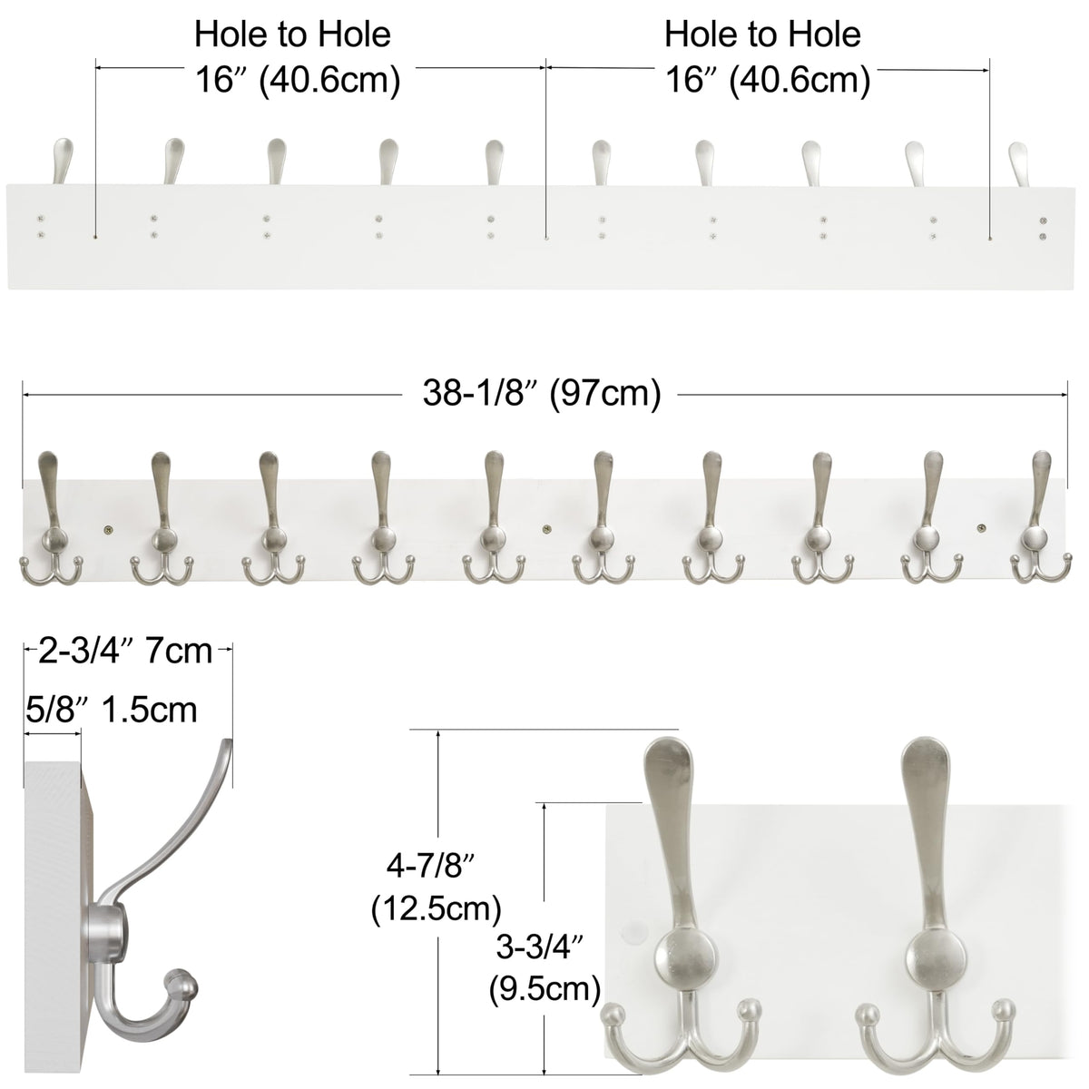 SKOLOO Creations White Solid Wood Wall Mounted Coat Rack, 10 Hooks, 38-1/8" Long - Kitchen, Mudroom, Entryway, Bathroom - Includes Mounting Hardware - image 3