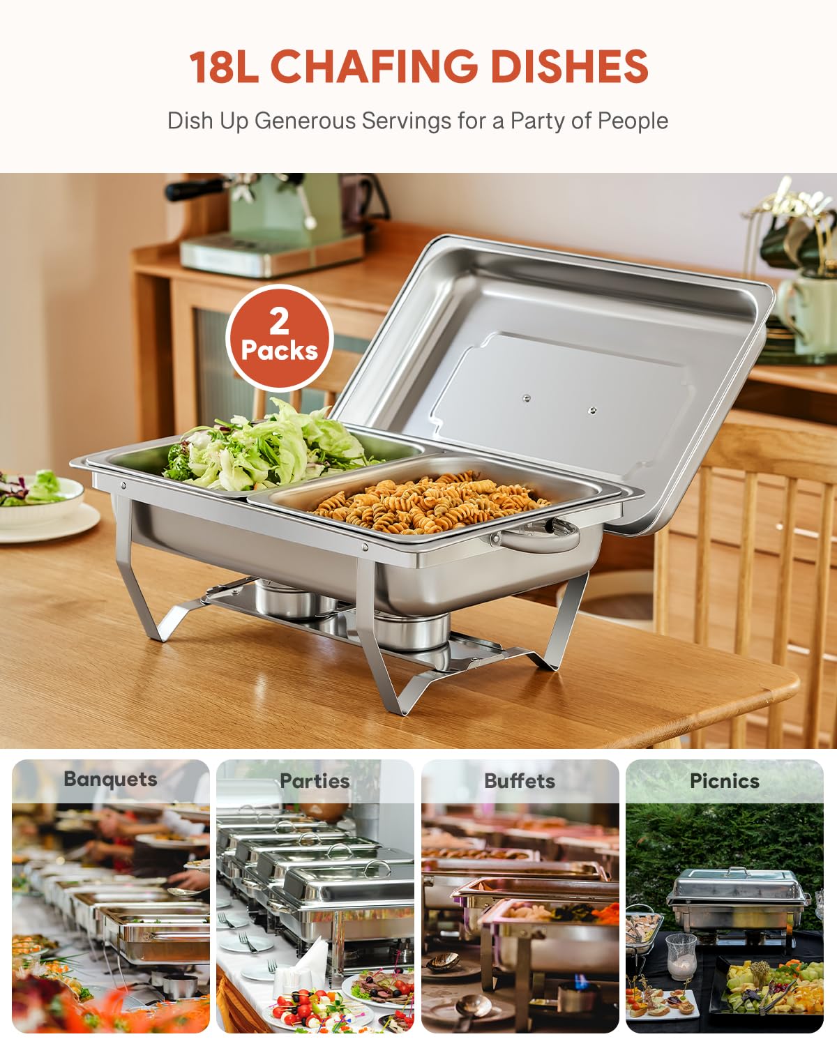 WILPREP 2-Pack Chafing Dish Buffet Set | 9L Stainless Steel Food Warmers