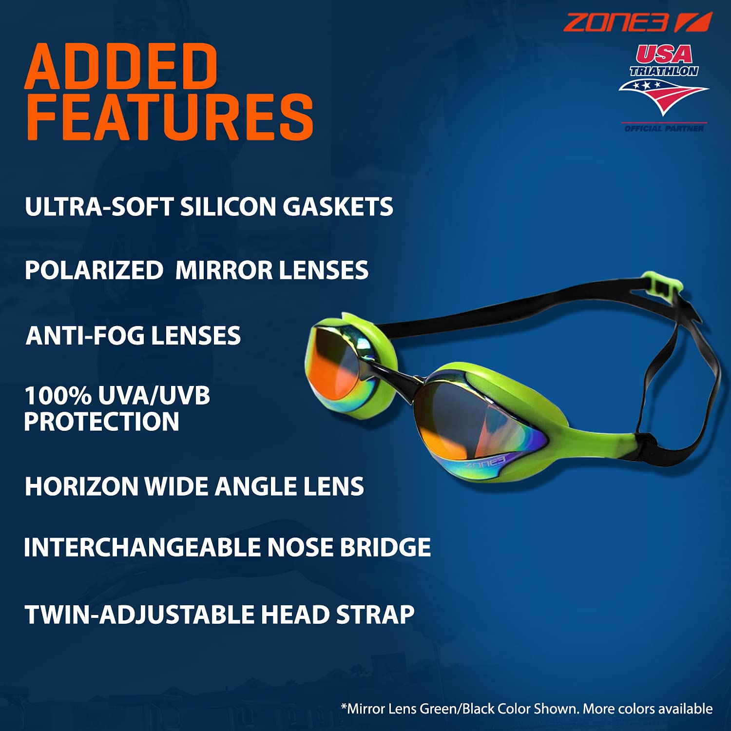 ZONE3 Volare Racing Swim Goggles – Mirror Lens Open Water – Green/Black