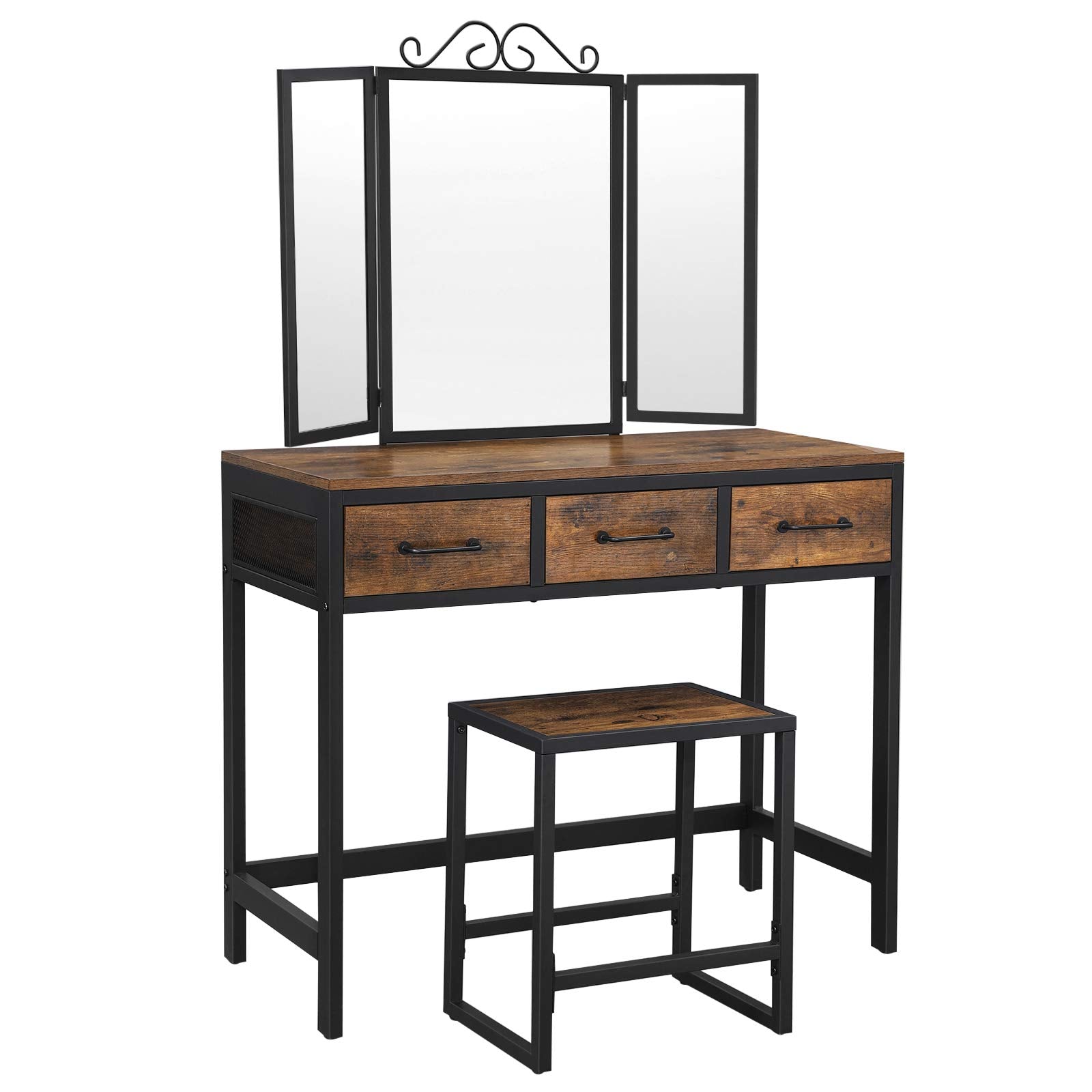 VASAGLE Industrial Vanity Table Set with Triple Fold Mirror – Rustic Brown