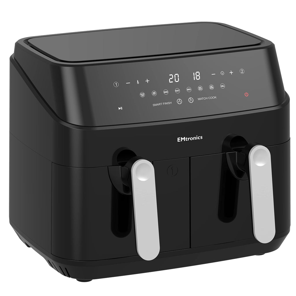EMtronics Dual Air Fryer | 9L Extra Large Double Basket | 8 Pre-Sets