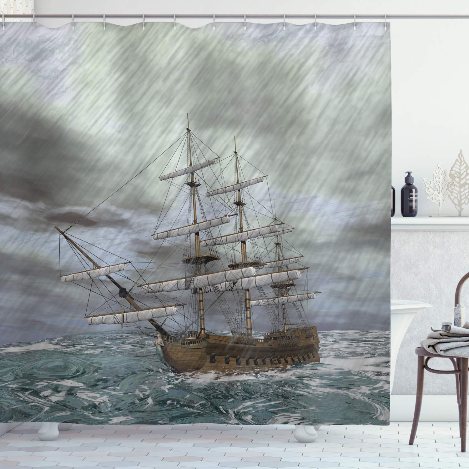 ABAKUHAUS Nautical Shower Curtain - Old Ship Fabric Bathroom Decor with Hooks