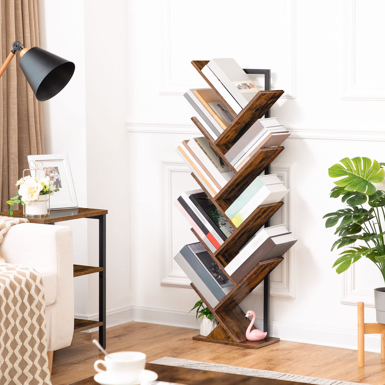 HOOBRO 9-Tier Tree Bookshelf – Industrial Floor Standing Tall Bookcase