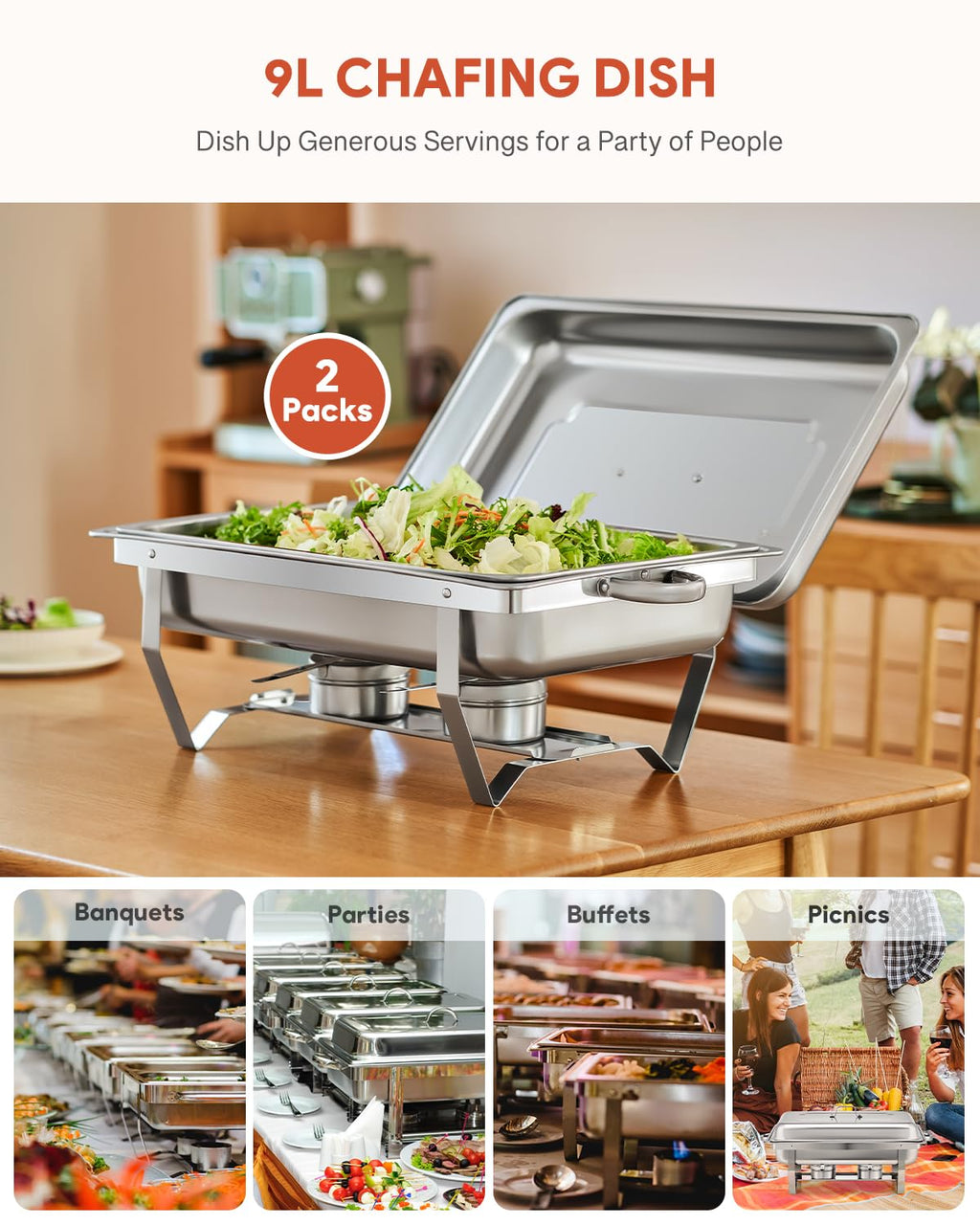 WILPREP Chafing Dish Buffet Set of 2 | 9L Stainless Steel Food Warmer