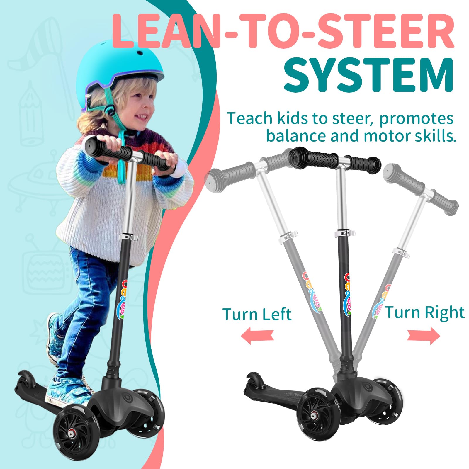 BELEEV 3 Wheel Scooter for Kids Ages 2-6 | Light-Up Wheels & Adjustable Height