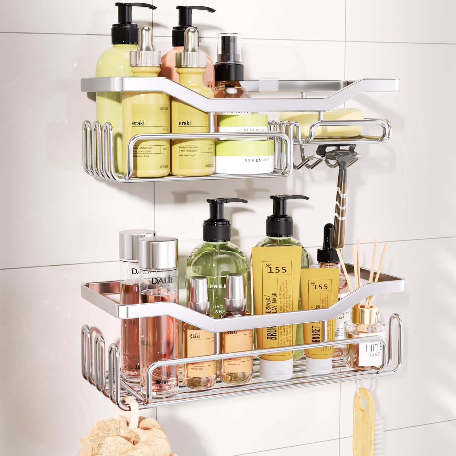HapiRm Shower Caddy - 2-Pack Rust-Proof Stainless Steel Shelf with 11 Hooks