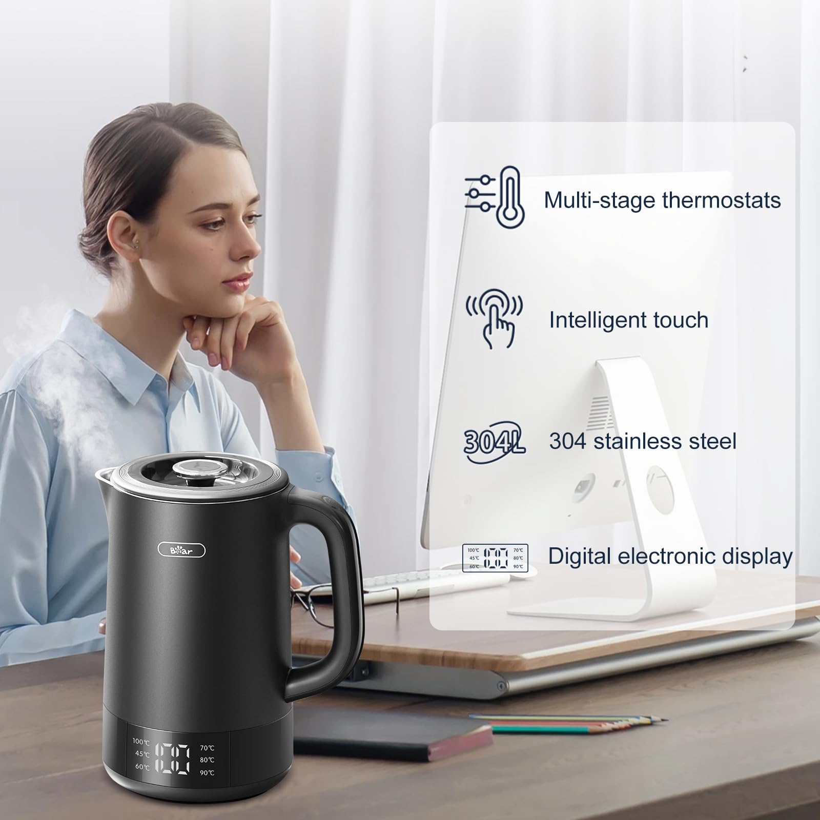 Bear 1.7L Electric Kettle – 6 Temperature Settings & Stainless Steel