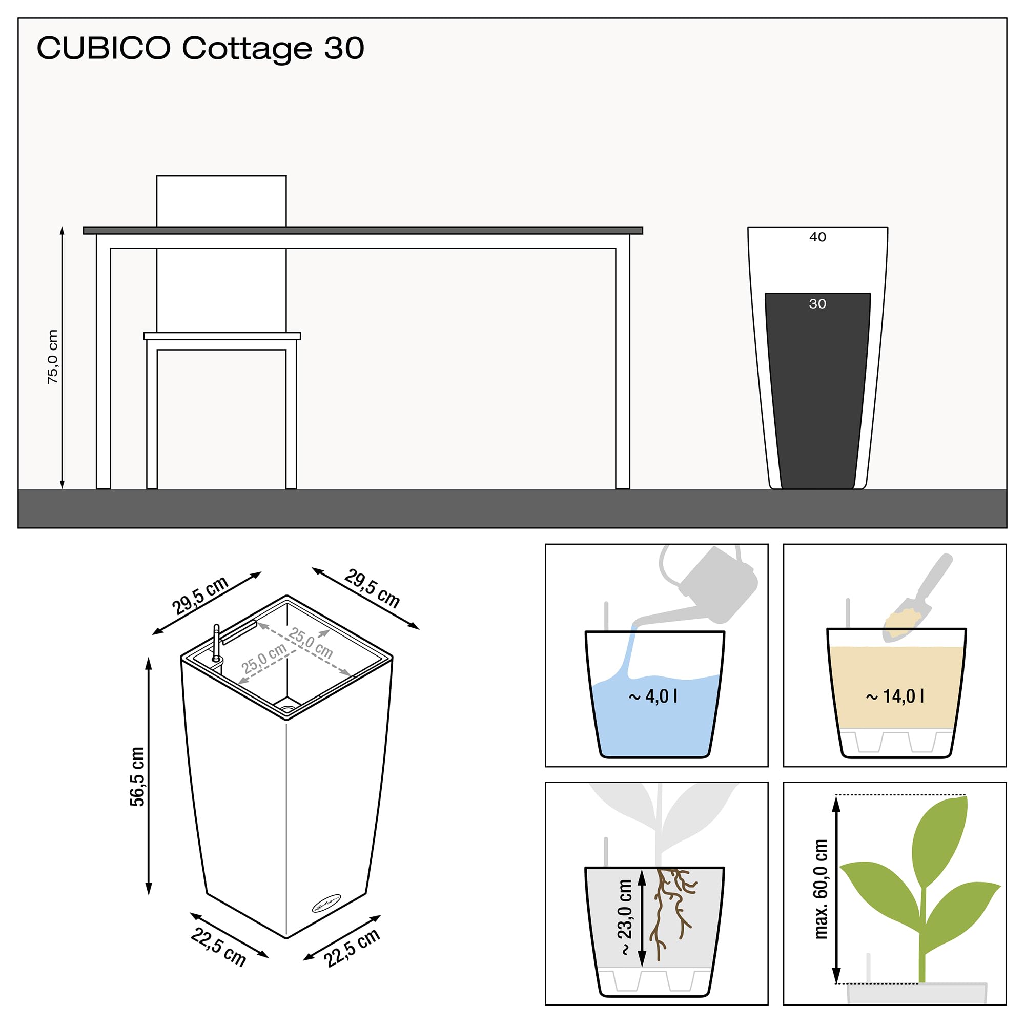 Lechuza CUBICO Cottage 30 Self-Watering Rattan Planter - White