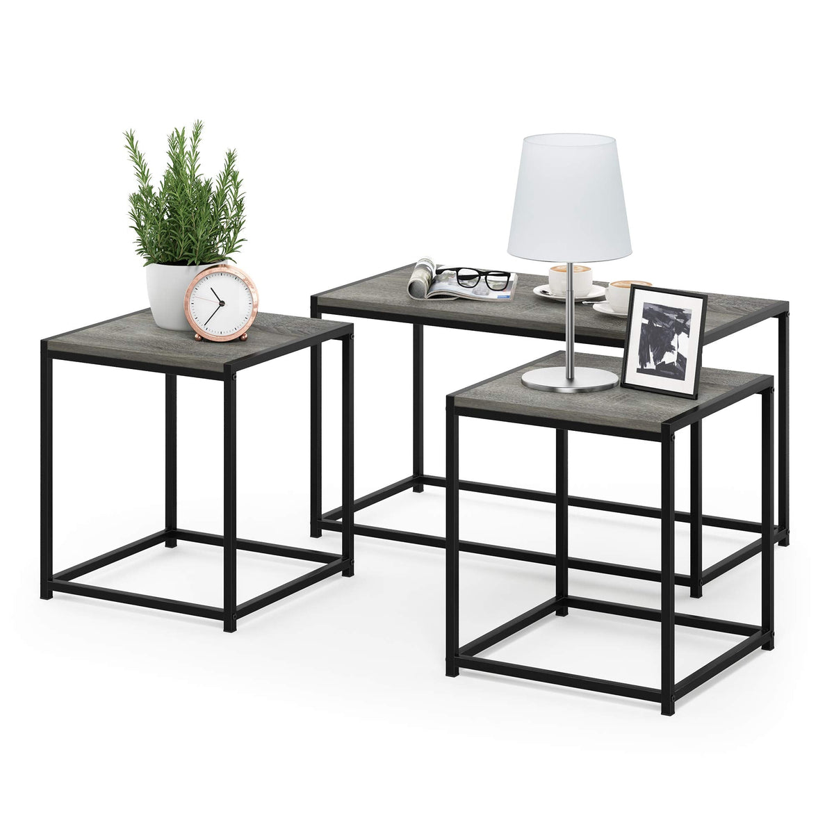 Furinno Camnus Modern Living Room Table Set with One Coffee Table and Two Side Tables, French Oak Grey - image 4