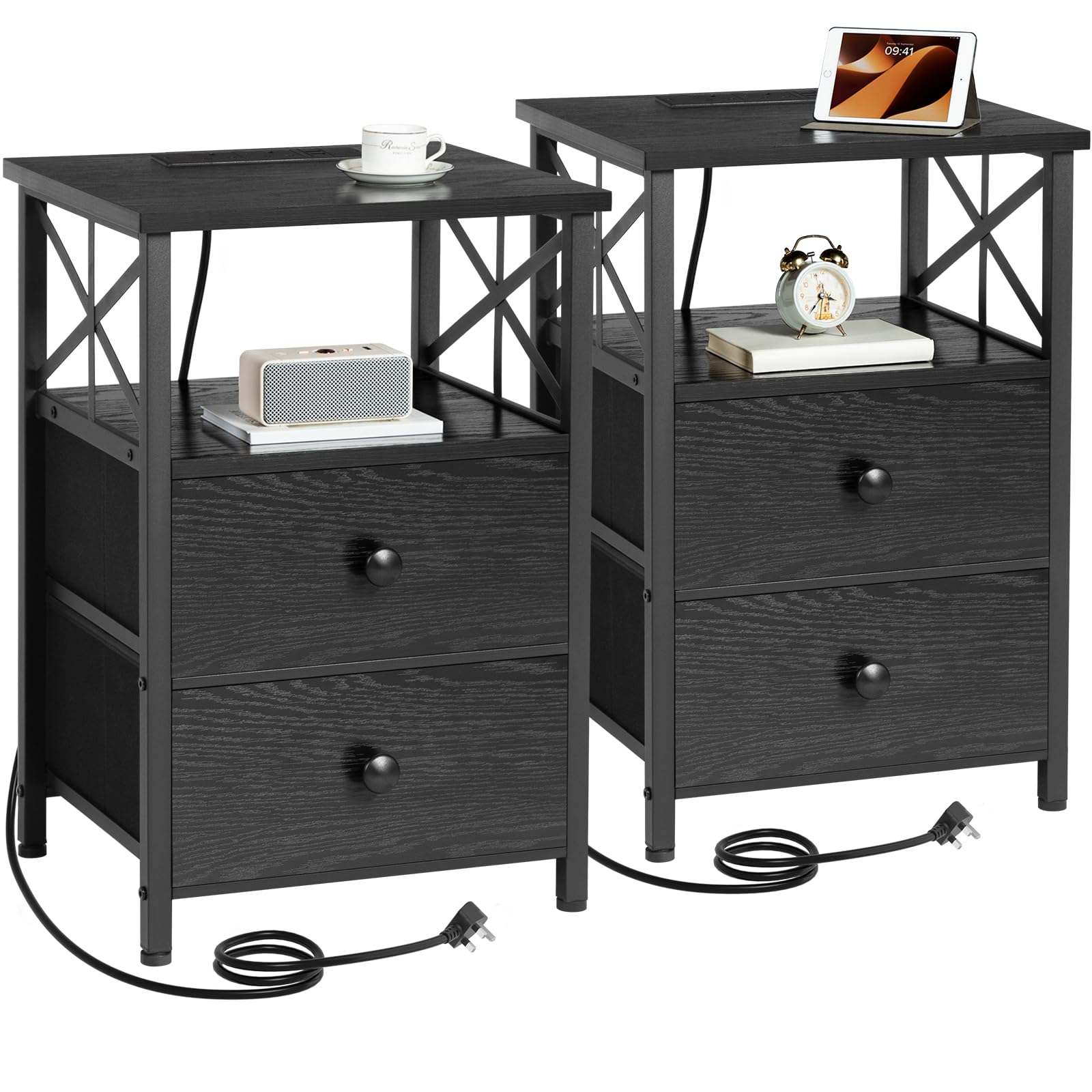 AMHANCIBLE Bedside Table Set of 2 with Charging Station and Fabric Drawers