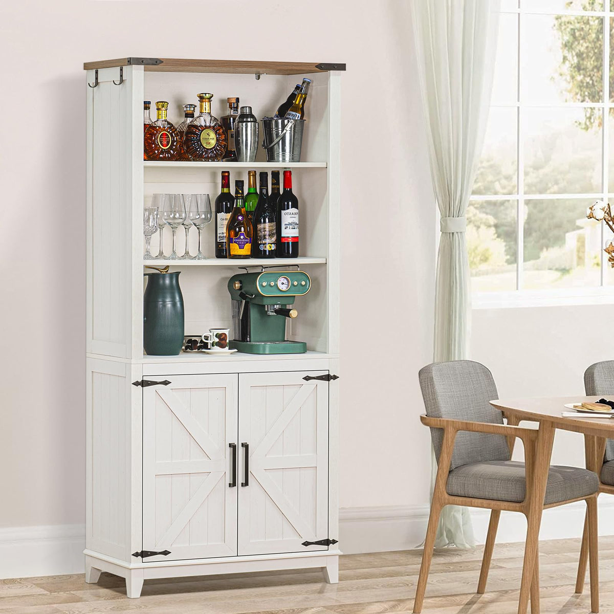 LELELINKY 70in Tall Bookshelf 5 Tier Bookcase with Barn Doors and Adjustable Shelves, White Farmhouse Book Shelf with Storage Cabinet - image 5