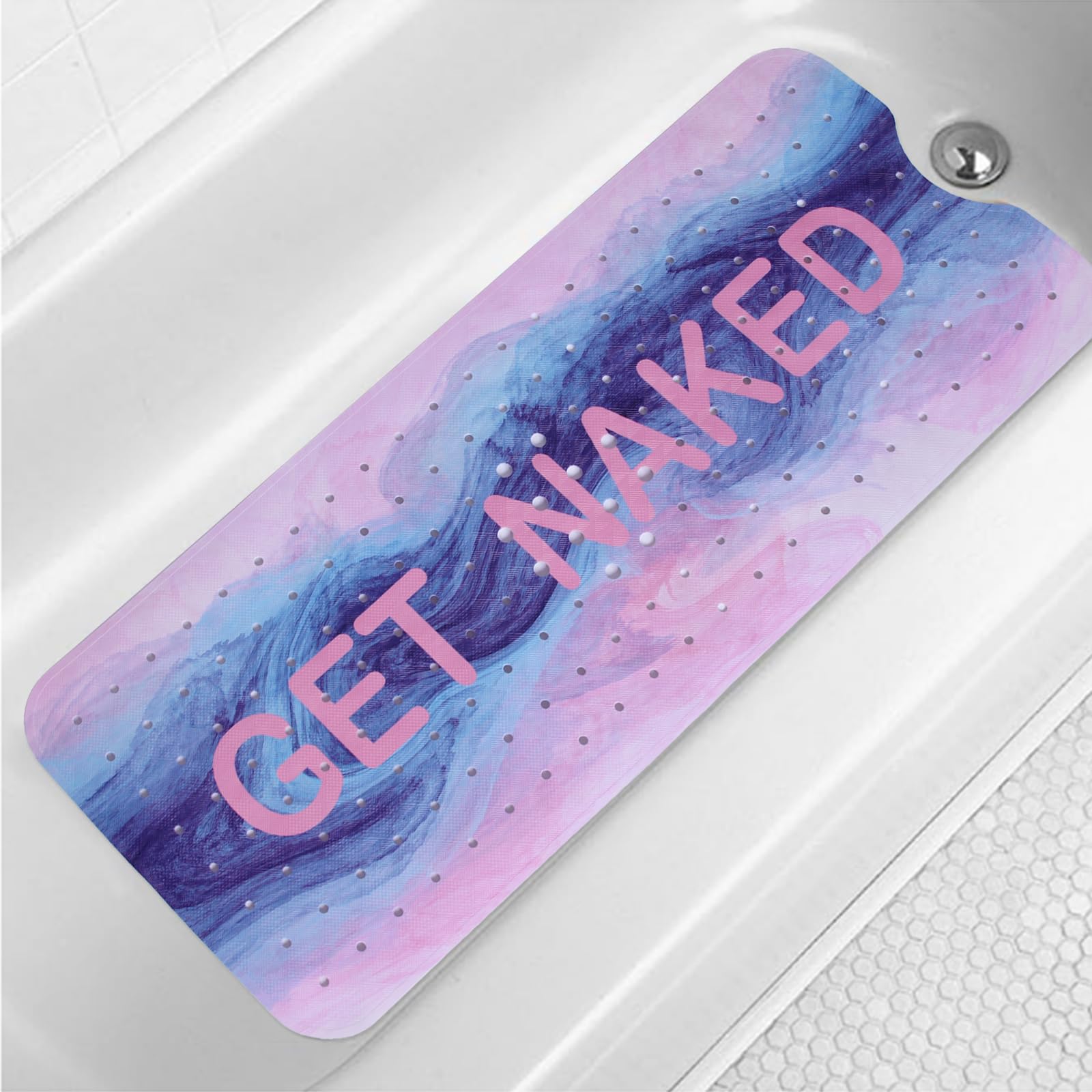 Jolof Store Extra Long Non-Slip Bathtub Mat | Pink & Blue Marble 40x16in
