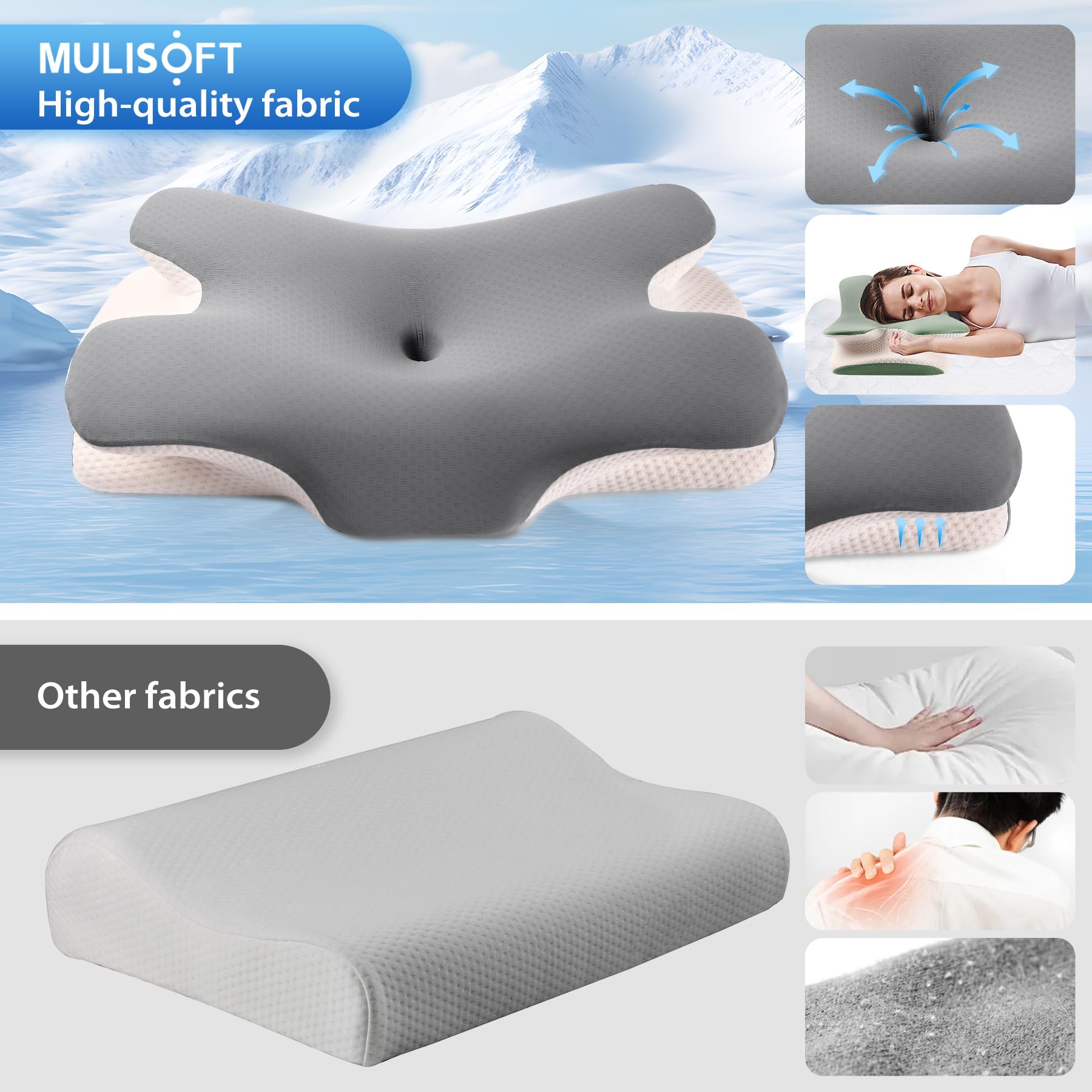 MULISOFT Memory Foam Pillow – Ergonomic Cervical Neck Support (Grey)