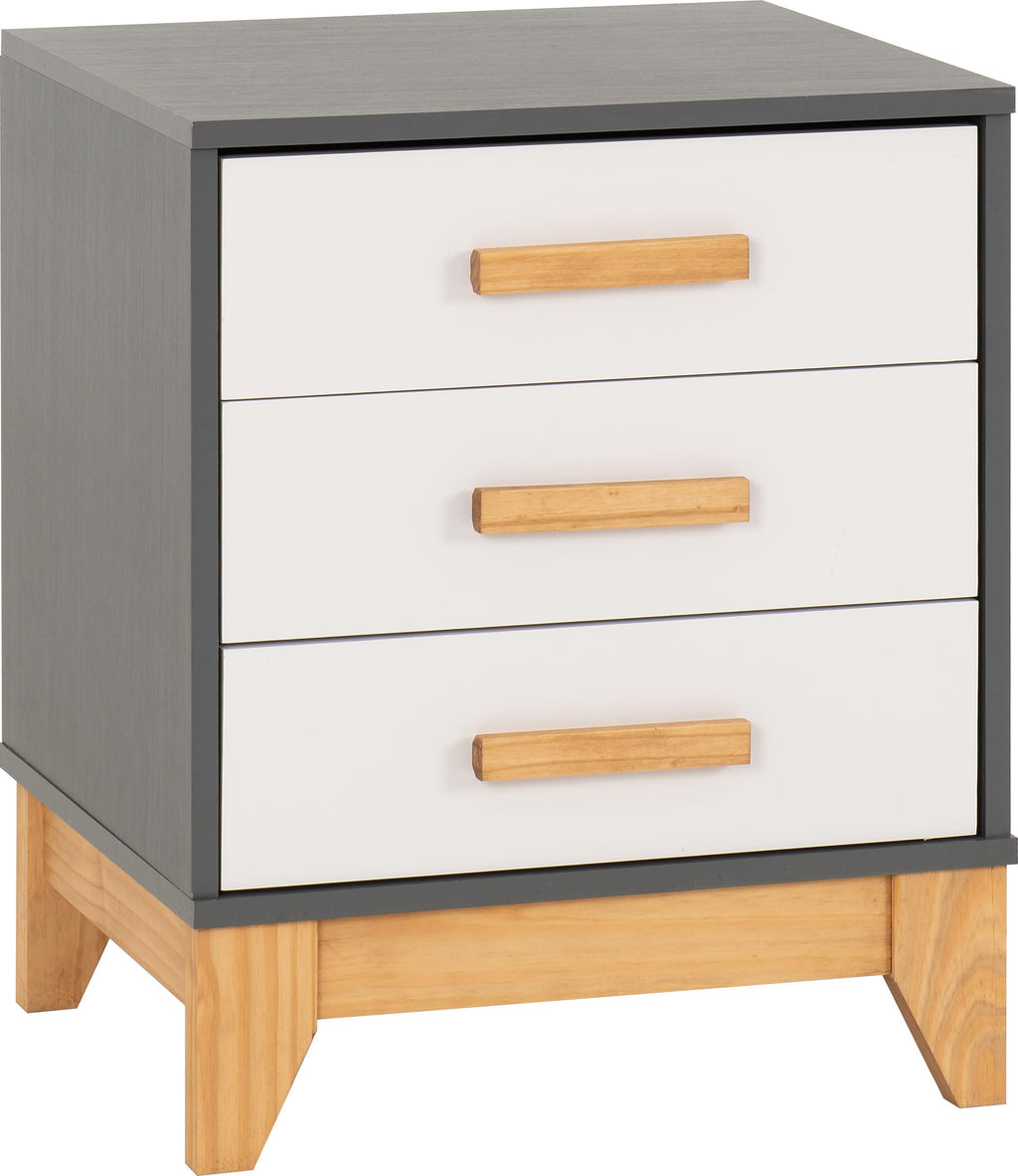 Seconique Cleveland 3 Drawer Bedside in White/Grey Metal Effect - image 1