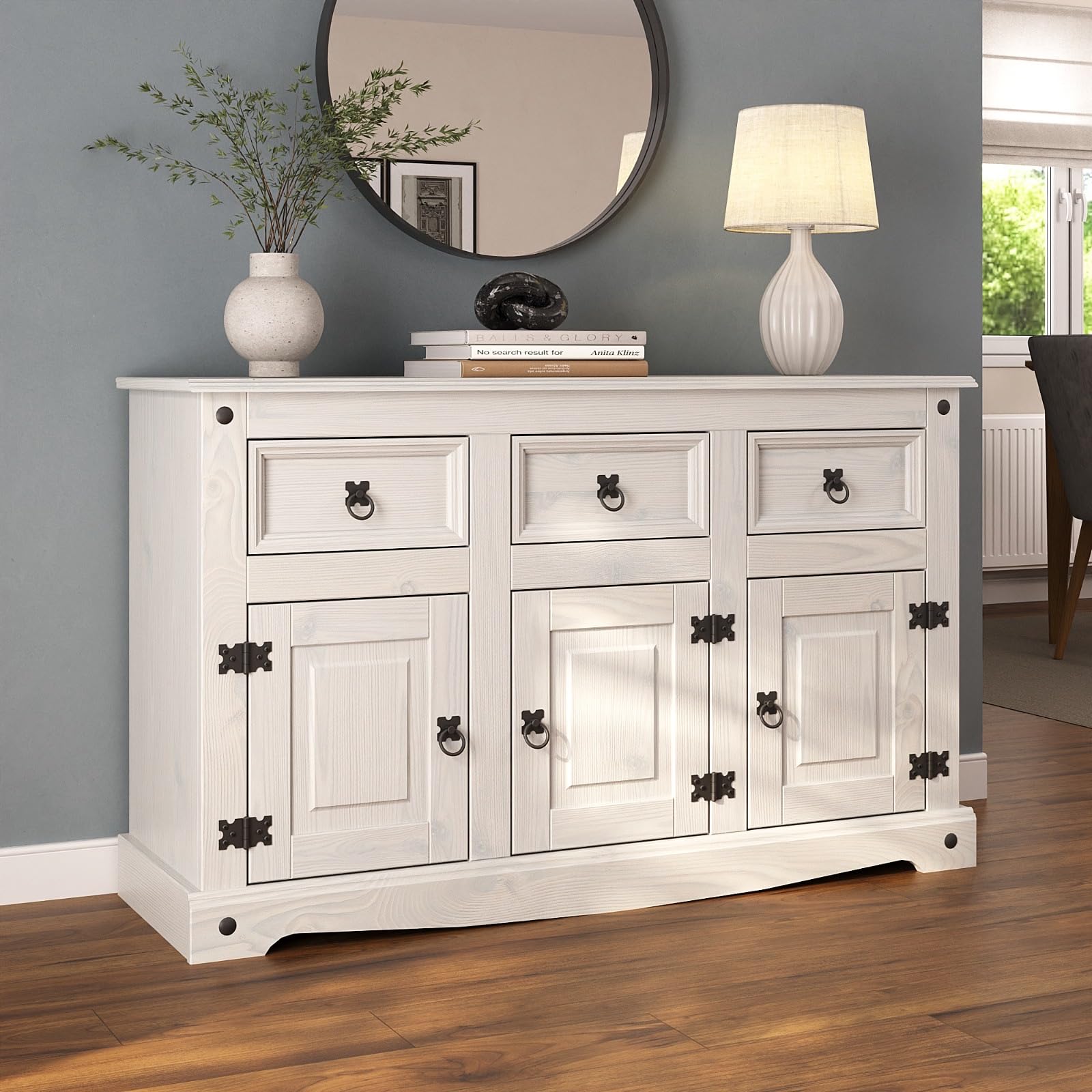 Corona White Sideboard – Solid Pine 3 Door 3 Drawer Mexican Style