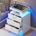 Gurexl LED Bedside Table with Glass Top and 3 IN 1 Charging Station,White - image 1