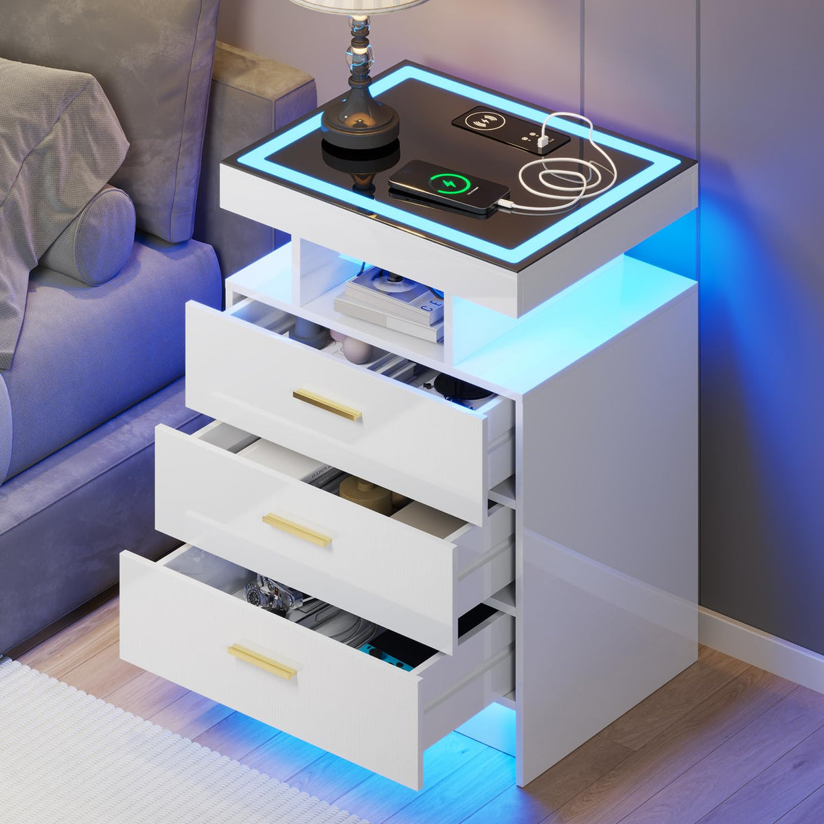 Gurexl LED Bedside Table with Glass Top and 3 IN 1 Charging Station,White - image 1