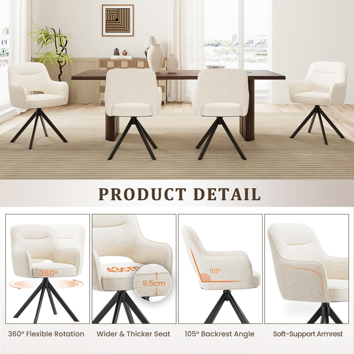 COLAMY 360°Swivel Dining Chairs Set of 2, Fabric Chairs for Dining Room with Armrests, Hollow Backrest and Thick Seat Cushion - image 5