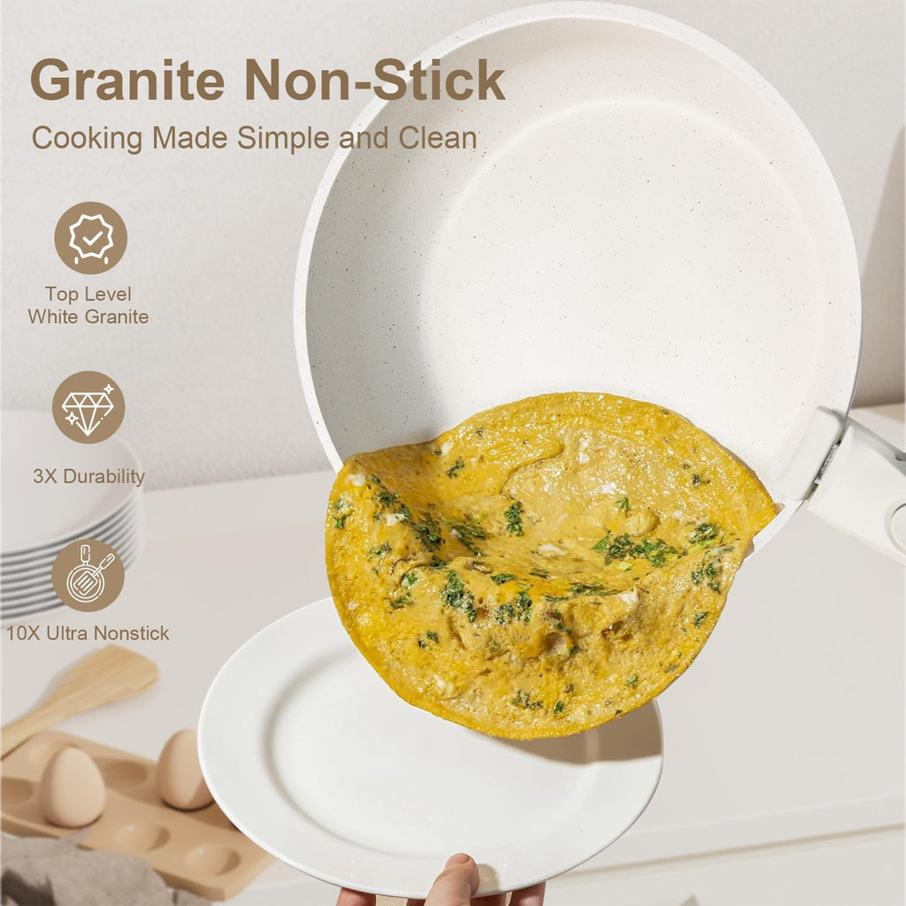 YASHE 13-Piece Nonstick Cookware Set with Detachable Handles – Granite White